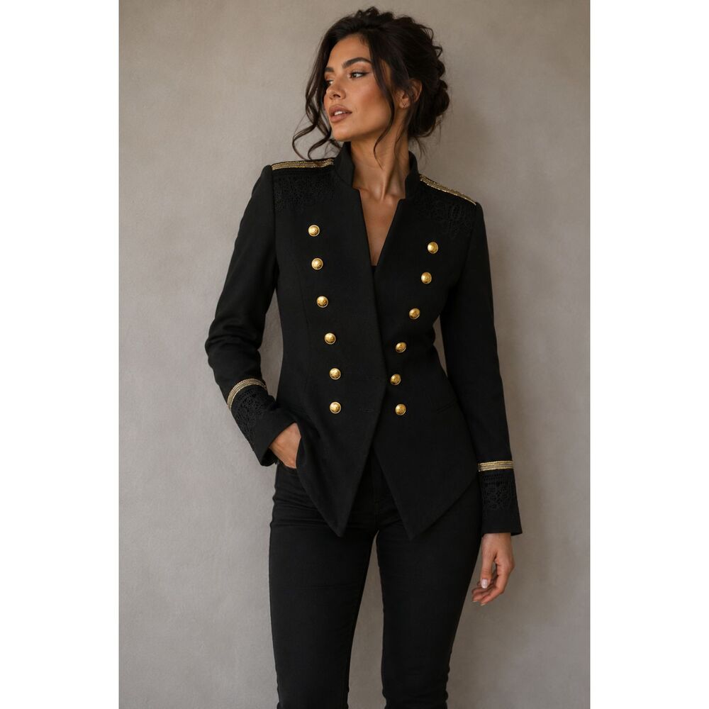 Romeo + Juliet Couture Military Blazer Black Gold Button Jacket Women M - Picture 2 of 10